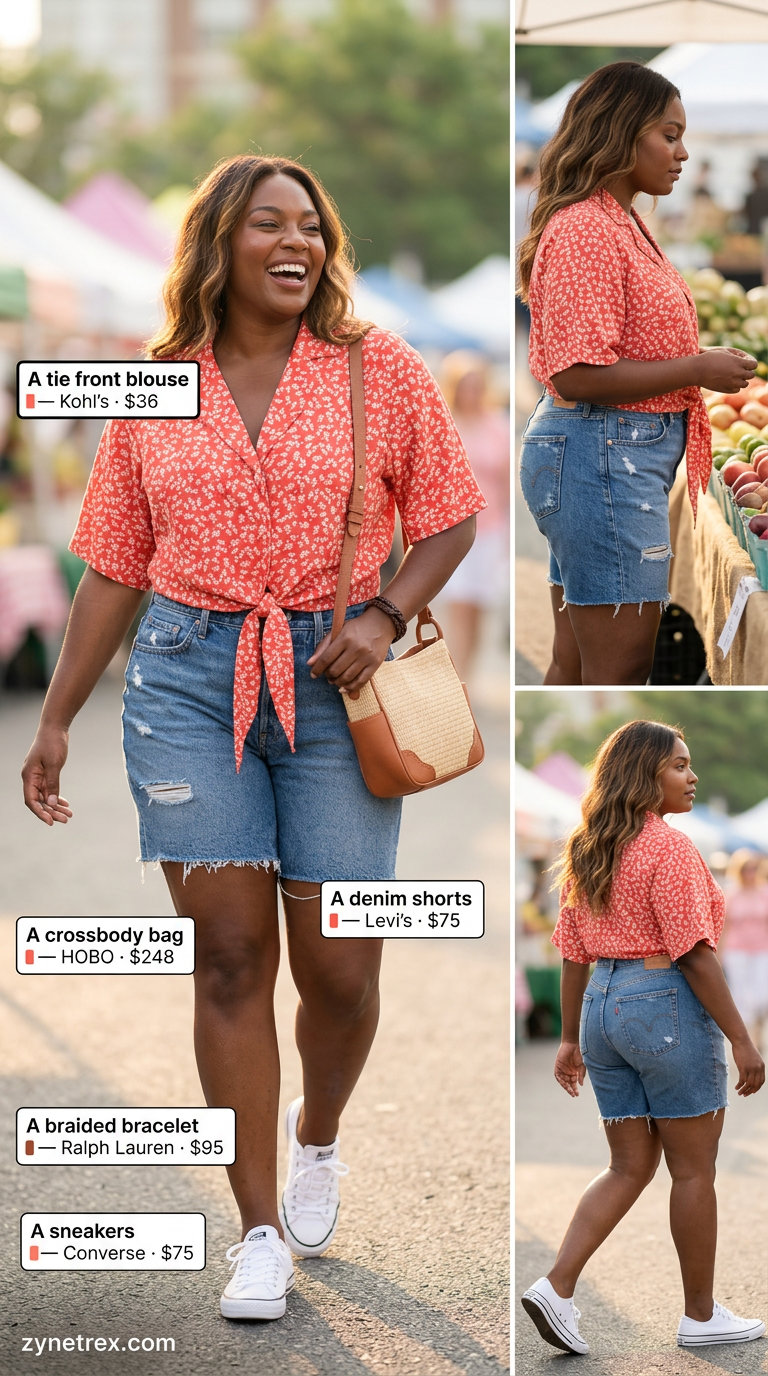 Confident curvy outfit summer for women 2026: Denim shorts, floral blouse, canvas sneakers. Casual for weekend picnic.