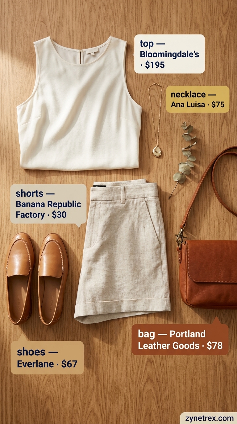 Confident curvy outfit summer for women 2026: Linen shorts, ivory blouse, loafers. Chic for brunch.