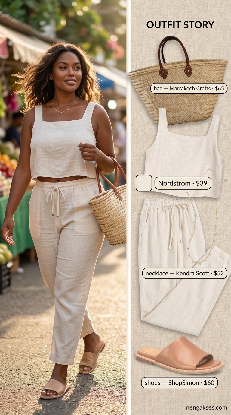 Confident curvy outfit summer for women 2026: Linen set, slide sandals, straw tote. Relaxed for beach vacation.