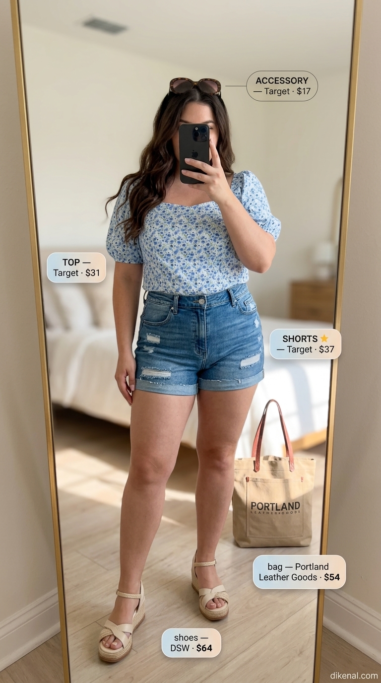 Confident curvy outfit summer for women 2026: Denim shorts, floral blouse, espadrilles. Playful for weekend shopping.