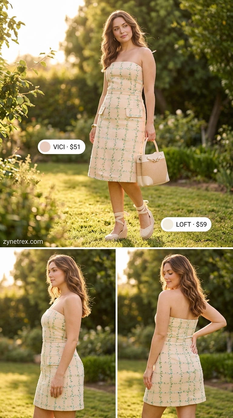 Confident curvy outfit summer for women 2026: Floral midi dress, wedge espadrilles, straw bag. Romantic for garden party.