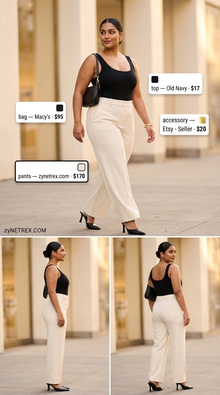 Confident curvy outfit summer for women 2026: Cream wide-leg pants, black bodysuit, gold accessories. Chic for dinner or gallery.