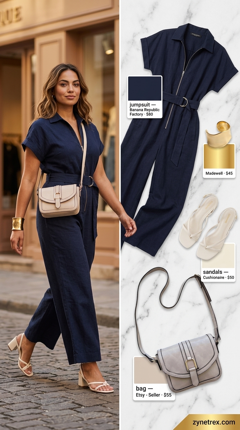 Confident curvy outfit summer for women 2026: Navy linen jumpsuit, block heels, crossbody bag. Sophisticated for summer party.