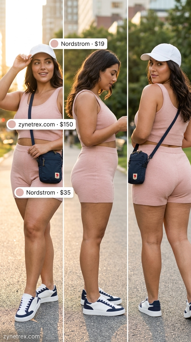 Confident curvy outfit summer for women 2026: Retro sporty two-piece set, sneakers, baseball cap. Playful for errands.