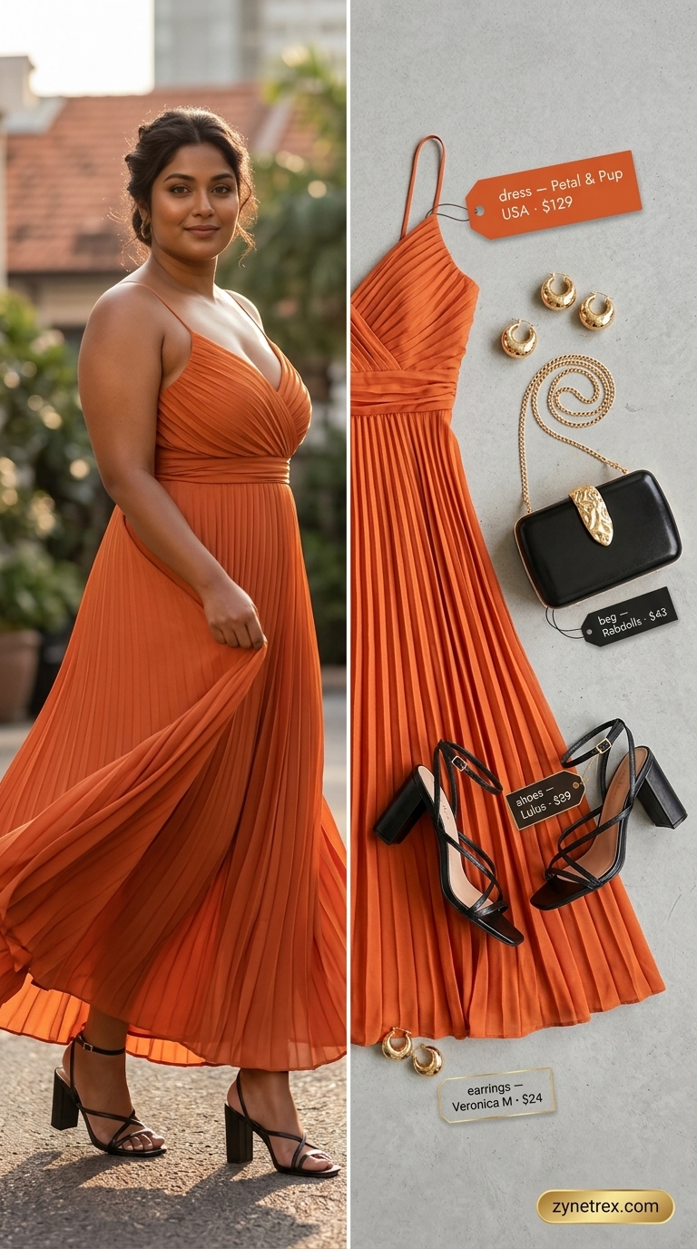 Confident curvy outfit summer for women 2026: Vibrant mango orange maxi dress, black sandals, gold earrings. Perfect for date night.