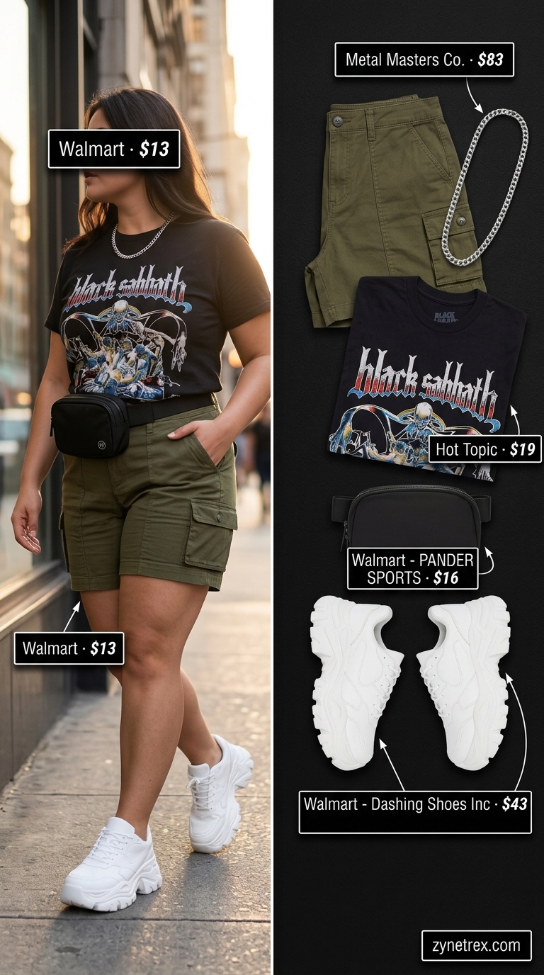 Confident curvy outfit summer for women 2026: Cargo shorts, graphic tee, belt bag. Edgy for streetwear.