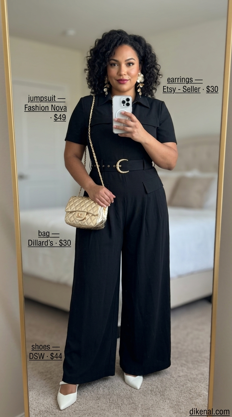 Confident curvy outfit summer for women 2026: Black tailored romper with white heeled mules, gold statement earrings, and crossbody.