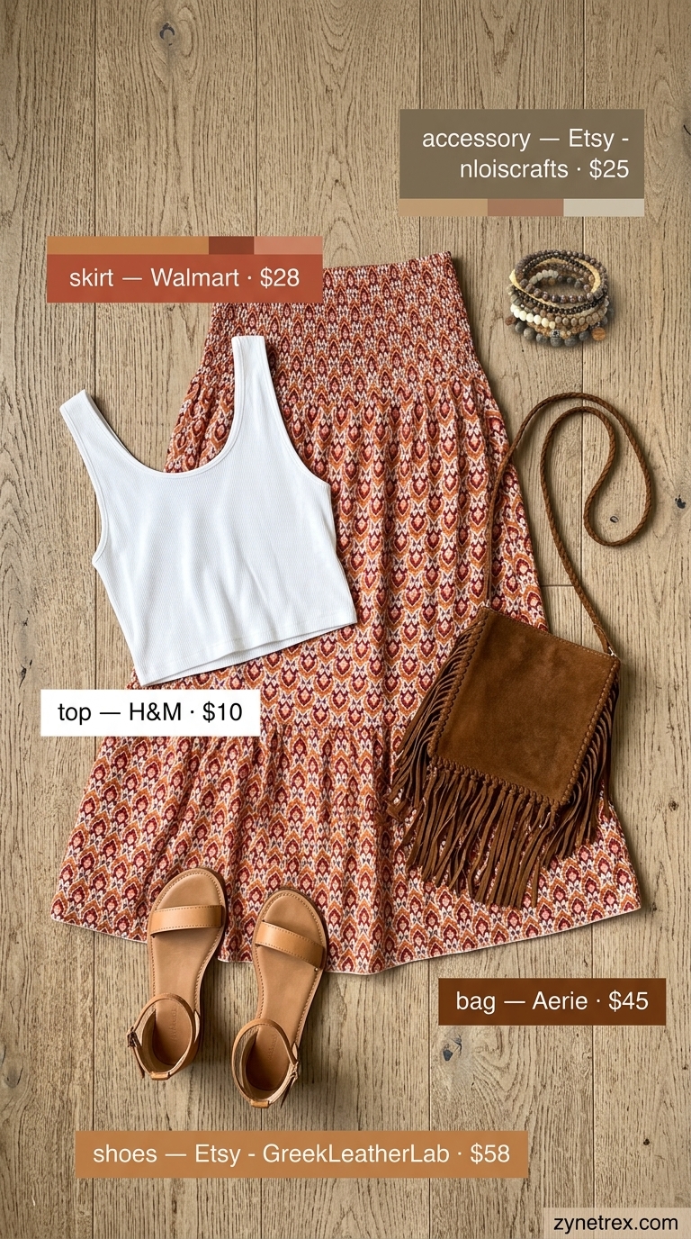 Confident curvy outfit summer for women 2026: Terracotta print maxi skirt with white crop top, flat sandals, and fringe bag.