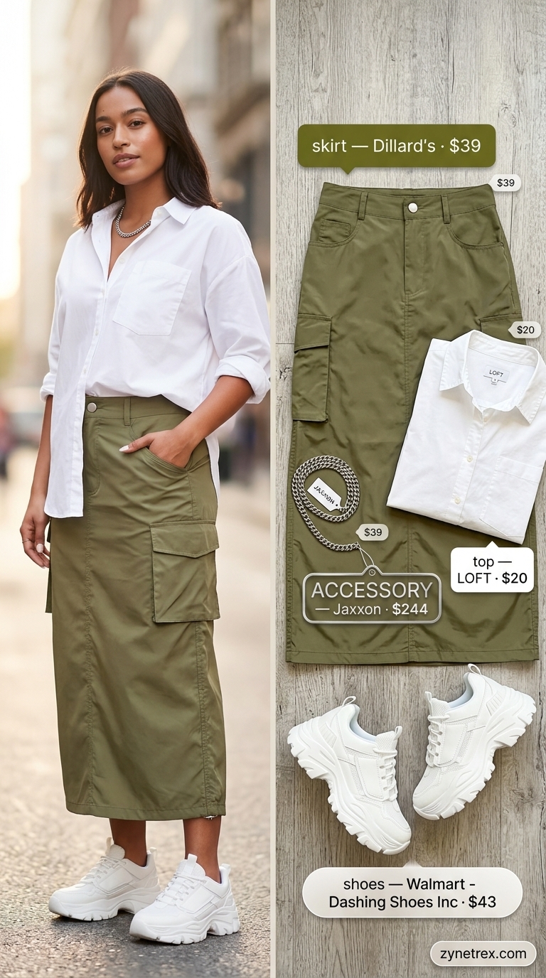 Confident curvy outfit summer for women 2026: Olive cargo midi skirt with oversized white shirt, chunky sneakers, and chain bag.