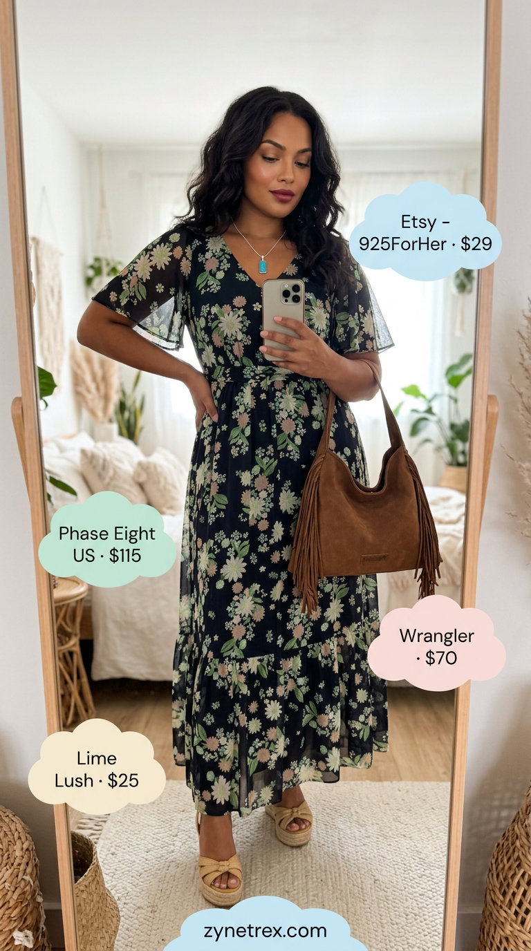 Confident curvy outfit summer for women 2026: Floral maxi dress with espadrilles, suede fringe bag, and turquoise necklace.