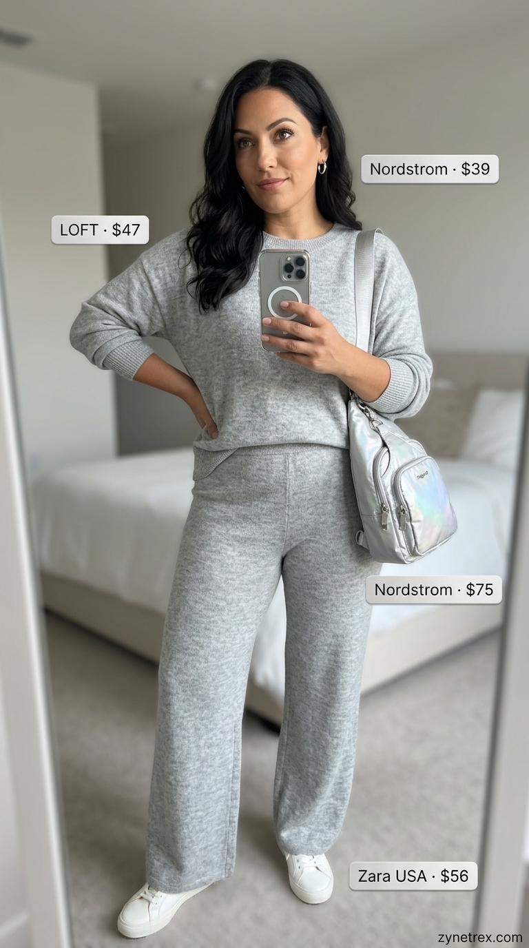 Confident curvy outfit summer for women 2026: Grey knit lounge set with white sneakers and silver crossbody bag.