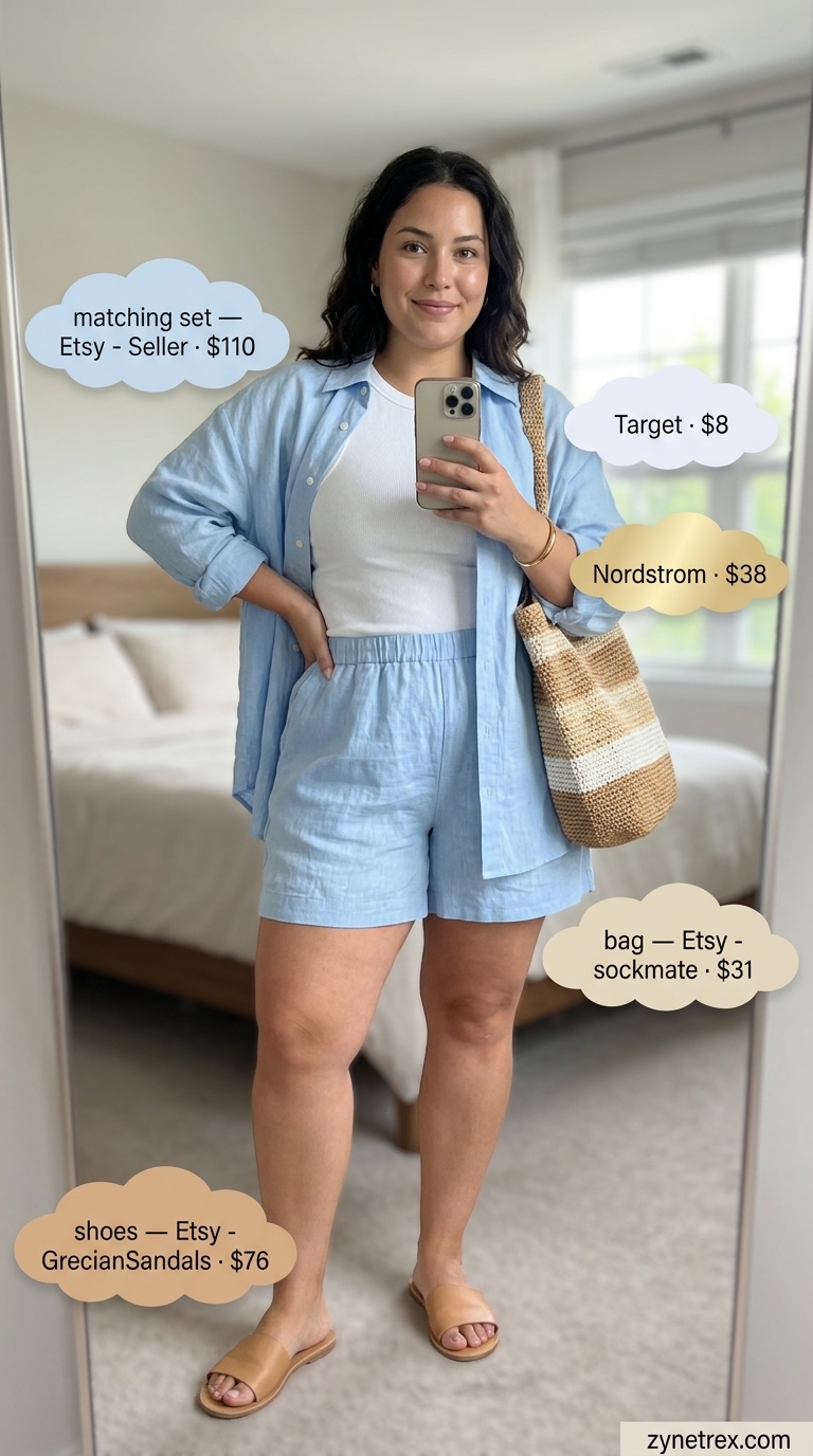 Confident curvy outfit summer for women 2026: Pale blue linen set with white tank, gold bangle, and raffia tote for brunch.