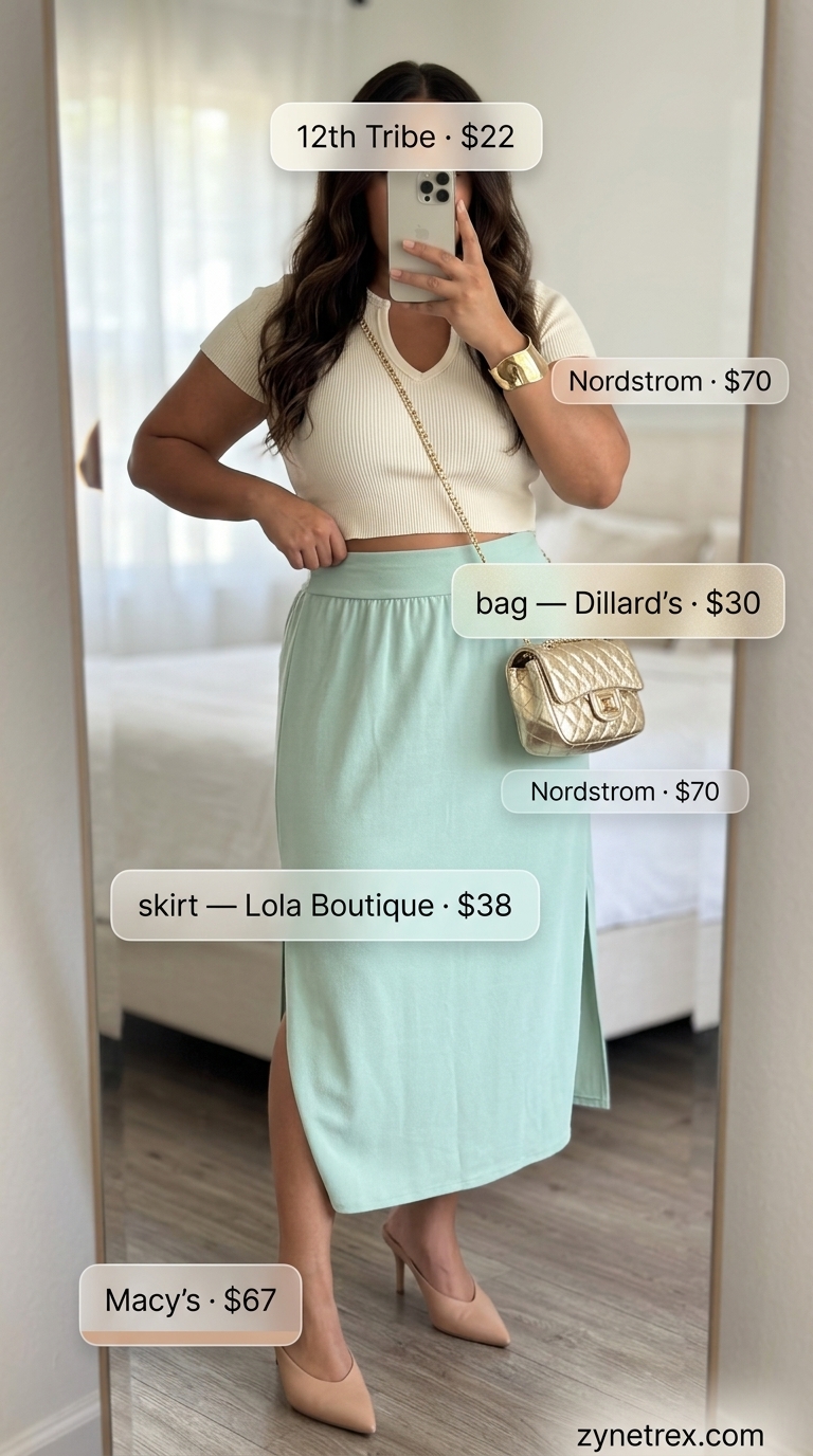 Confident curvy outfit summer for women 2026: Navy midi skirt with cream knit top, heeled mules, and gold shoulder bag.