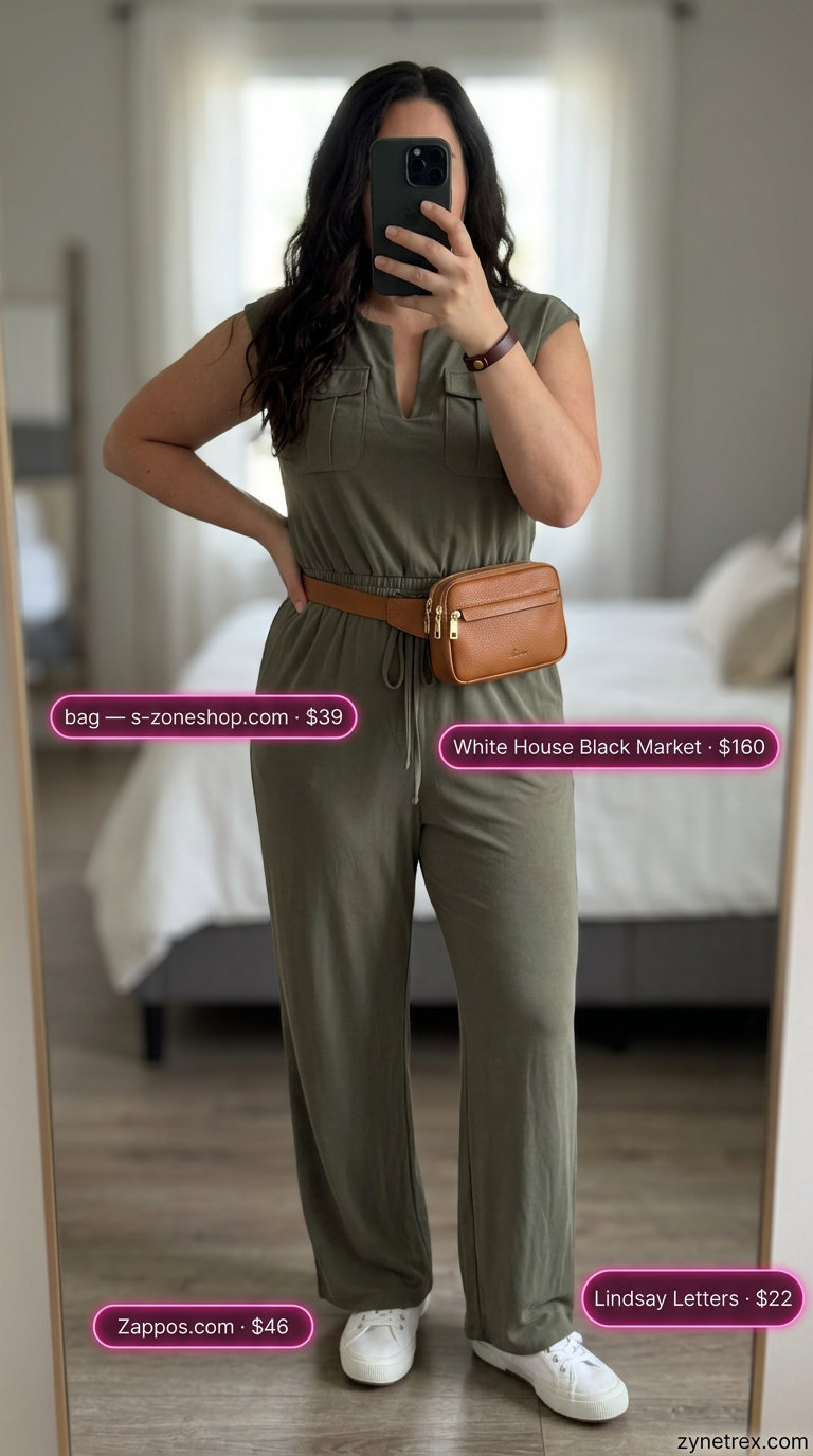 Confident curvy outfit summer for women 2026: Khaki utility jumpsuit with white sneakers and brown leather belt bag.