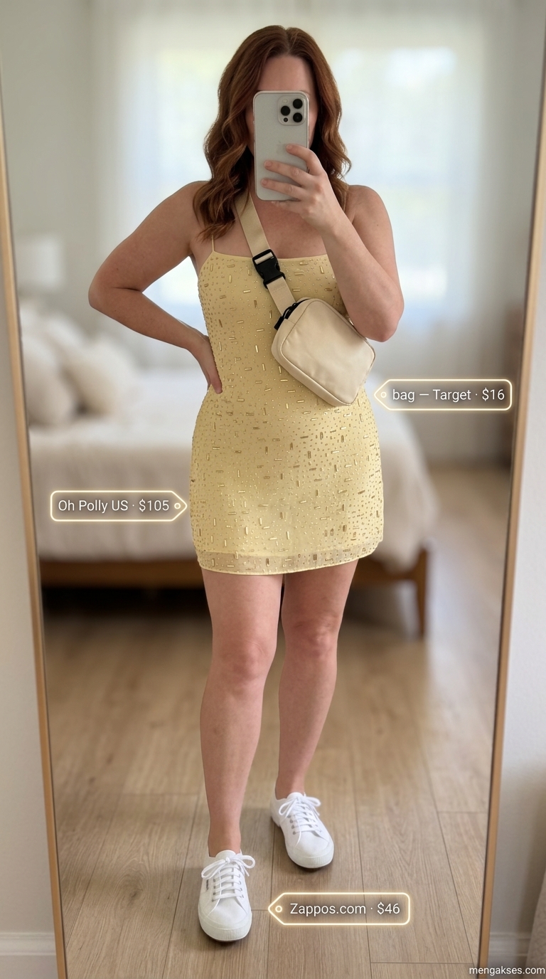 Confident curvy outfit summer for women 2026: Bright yellow sundress with white sneakers, straw hat, and canvas crossbody.