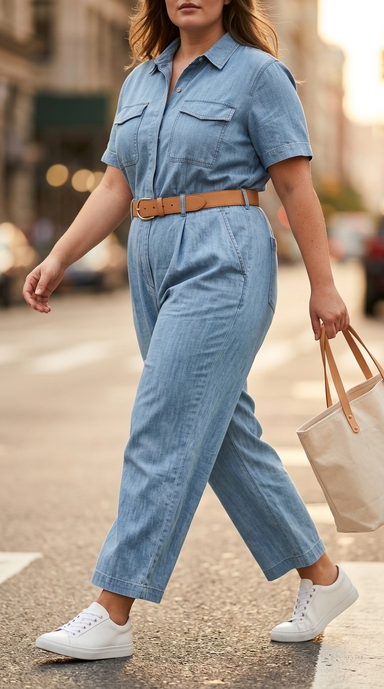 Confident curvy outfit summer 2026: Denim jumpsuit, white sneakers, and canvas tote for weekend adventures.