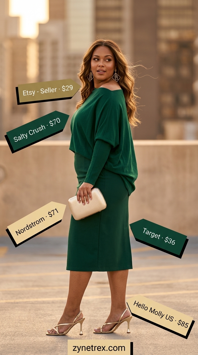 Confident curvy outfit summer 2026: Emerald pencil skirt, knit top, gold heels for cocktail party.