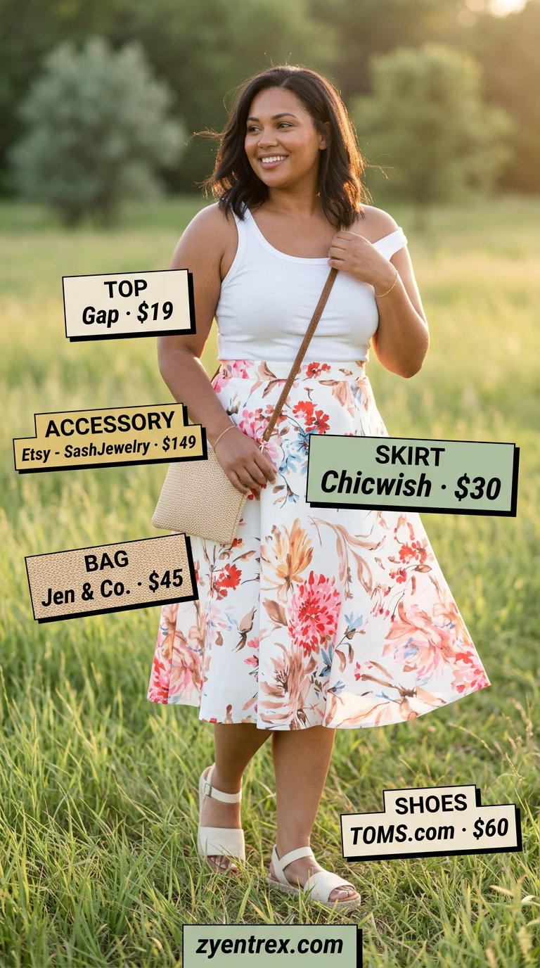 Confident curvy outfit summer 2026: Floral midi skirt, ribbed tank, espadrilles for a picnic.