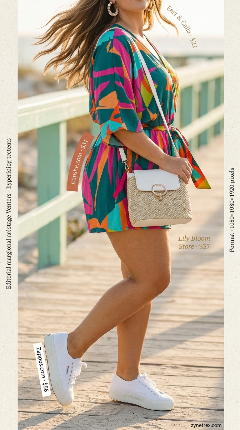 Confident curvy outfit summer 2026: Hot pink romper, denim jacket, platform sneakers for festival.