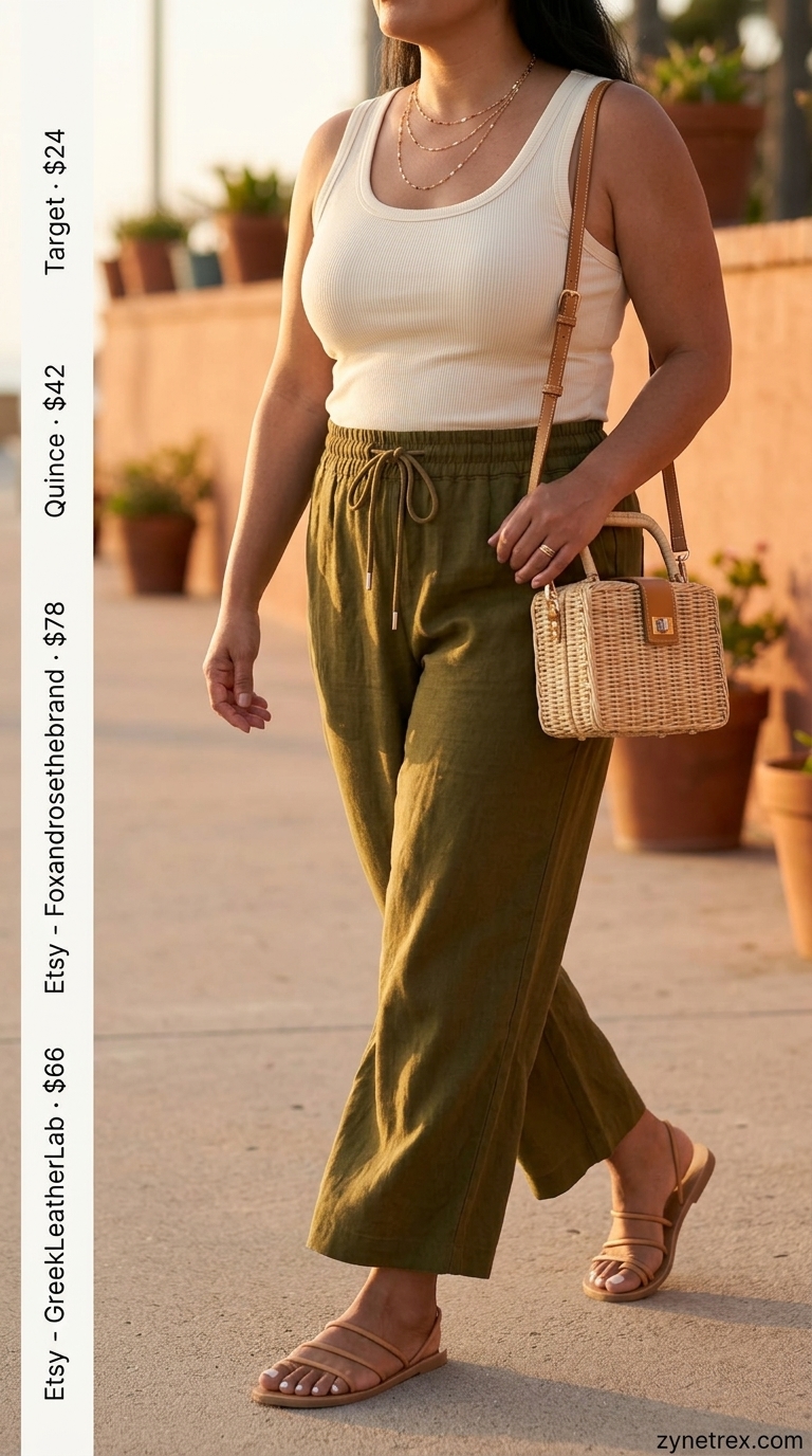 Confident curvy outfit summer 2026: Olive linen pants, ribbed tank, straw bag for casual evenings.