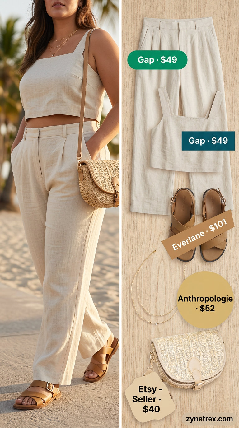 Confident curvy outfit summer 2026: Linen set, straw bag, sandals for beach day.