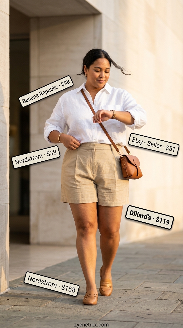 Confident curvy outfit summer 2026: Linen shorts, oversized button-down, loafers for summer work casual.