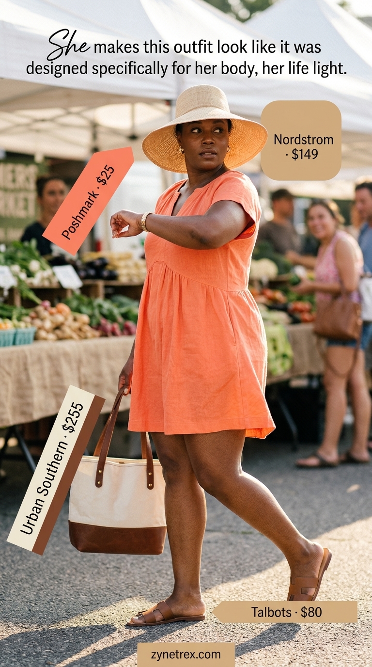 Confident curvy outfit summer 2026: Terracotta linen sundress, straw hat, and leather slides for casual errands.