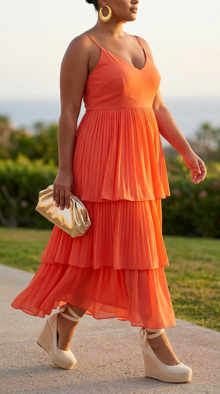 Confident curvy outfit summer 2026: Coral maxi dress, espadrilles, gold clutch for date night.