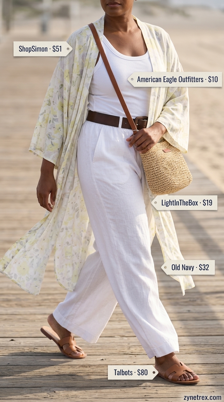 Confident curvy outfit summer 2026: Navy wide-leg pants, kimono, slides for vacation style.