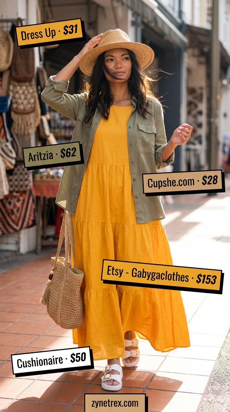 Cool summer streetwear for women 2026: Terracotta maxi dress, olive green shirt, and straw hat.