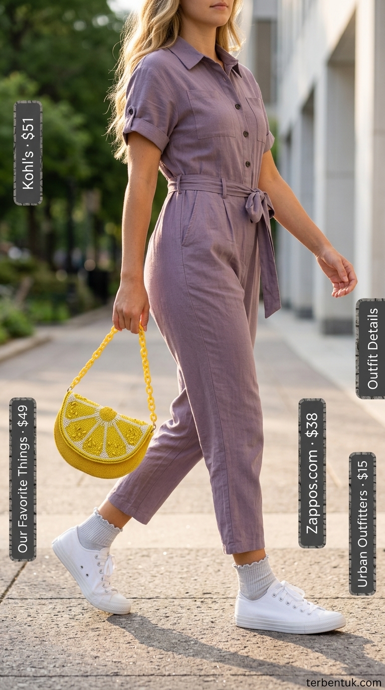 Cool summer streetwear for women 2026: Lavender utility romper, white sneakers, and lemon yellow shoulder bag.
