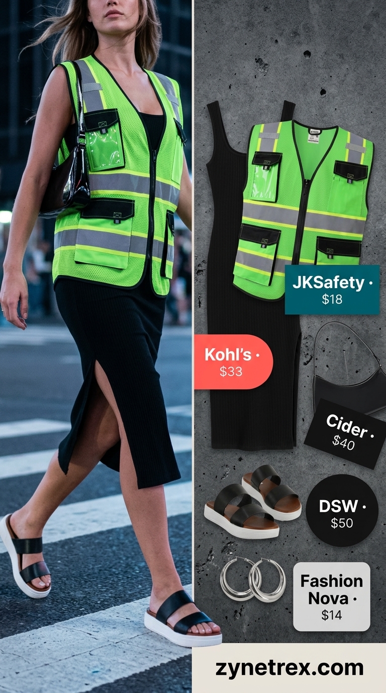 Cool summer streetwear for women 2026: Black bodycon dress, neon green utility vest, and chunky platform sandals.