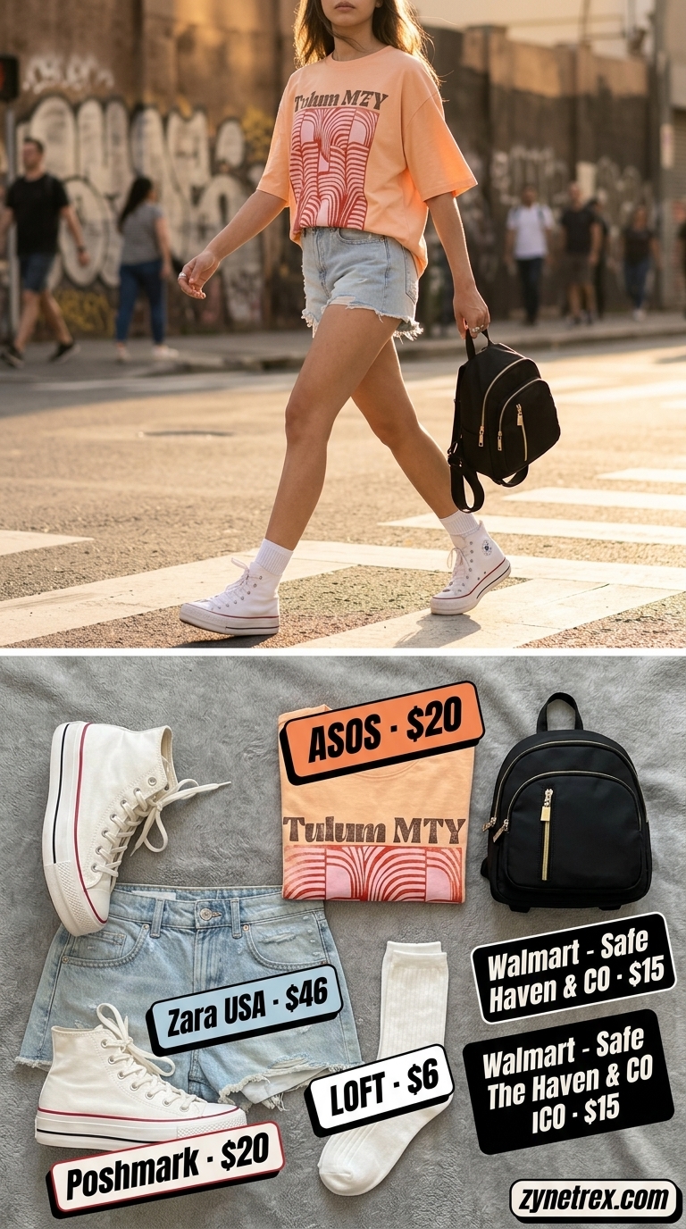 Cool summer streetwear for women 2026: Orange graphic tee, denim shorts, white high-tops, and mini backpack.