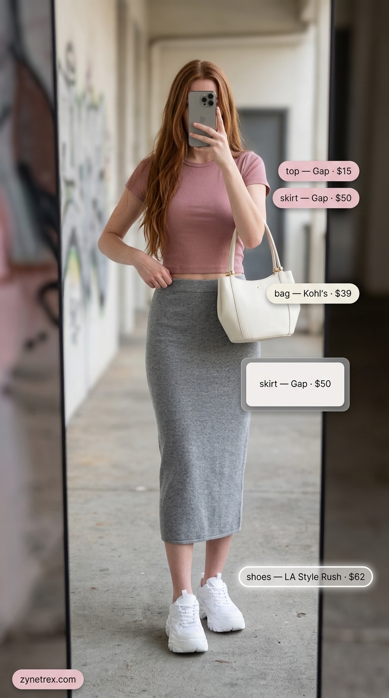 Cool summer streetwear for women 2026: Grey midi skirt, pink crop top, and white platform sneakers.