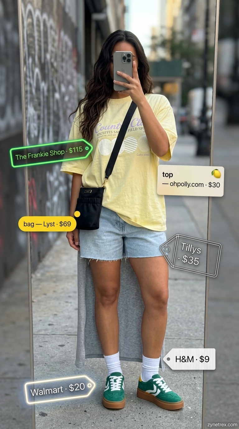 Cool summer streetwear for women 2026: Charcoal grey t-shirt dress, neon green visor, baggy denim shorts, and chunky sneakers.