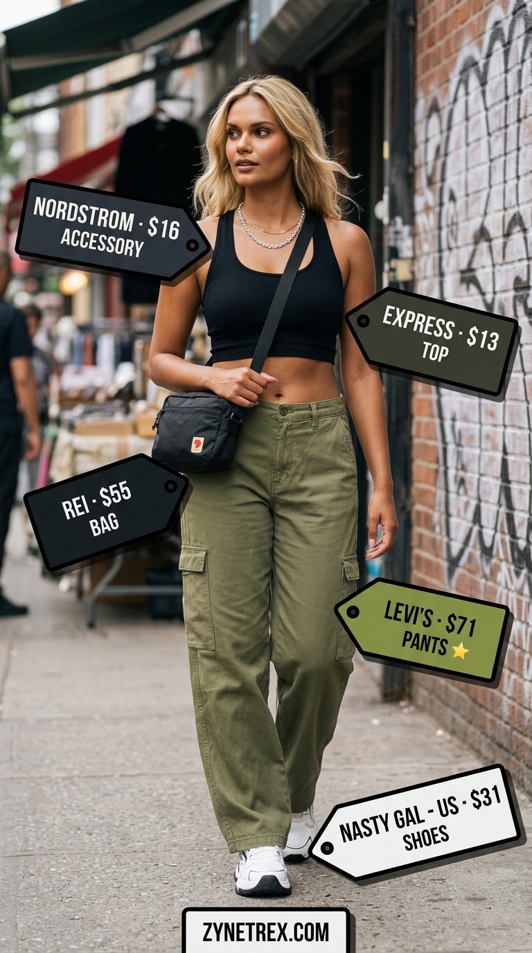 Cool summer streetwear for women 2026: Olive green cargo pants, black crop top, and chunky sneakers.