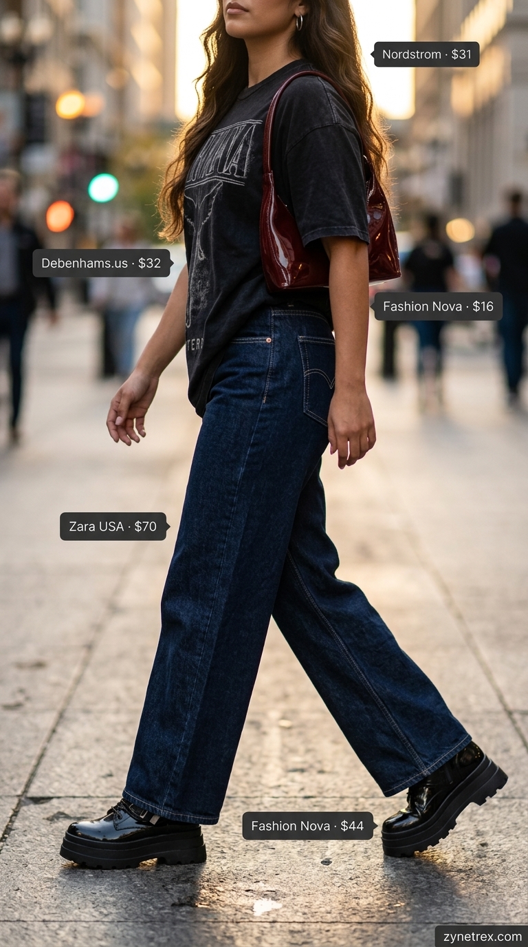 Cool summer streetwear for women 2026: Dark wash wide leg jeans, band tee, and combat boots for a concert outfit.