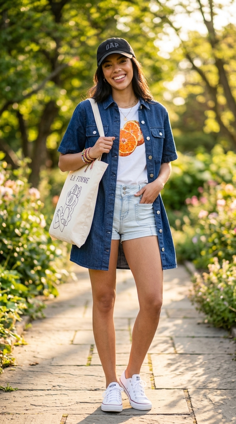 Cool summer streetwear for women 2026: Distressed denim shorts, oversized graphic tee, and retro sneakers for a festival.