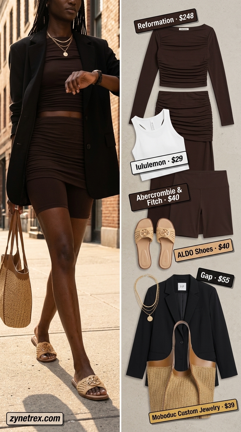 Cool summer streetwear for women 2026: Earthy brown ribbed knit set with oversized blazer, woven tote, and minimalist sandals.