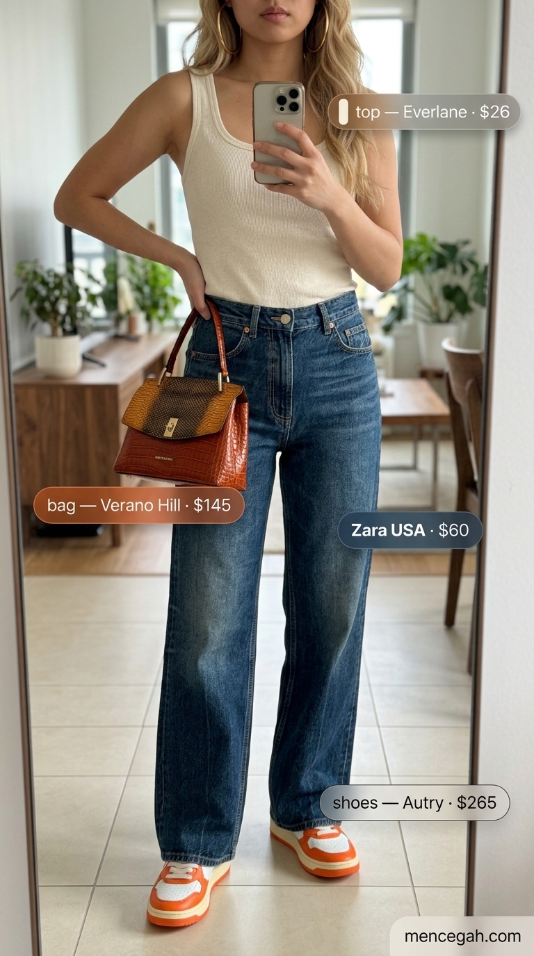 Cool summer streetwear for women 2026: Dark wash wide leg jeans, cream tank, and retro sneakers for a vintage market trip.