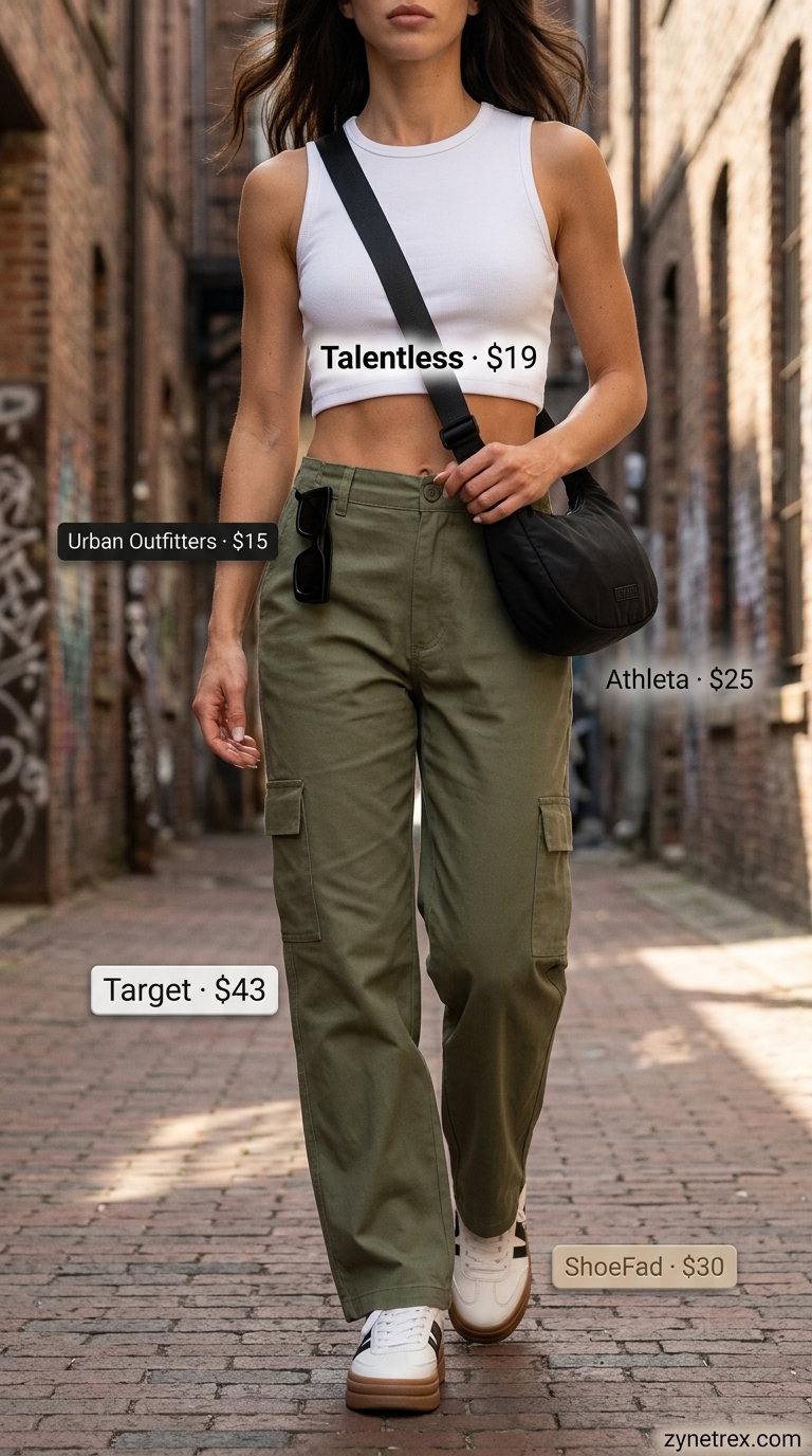 Cool summer streetwear for women 2026: Khaki cargo pants, black crop top, and chunky platform sneakers for urban exploration.