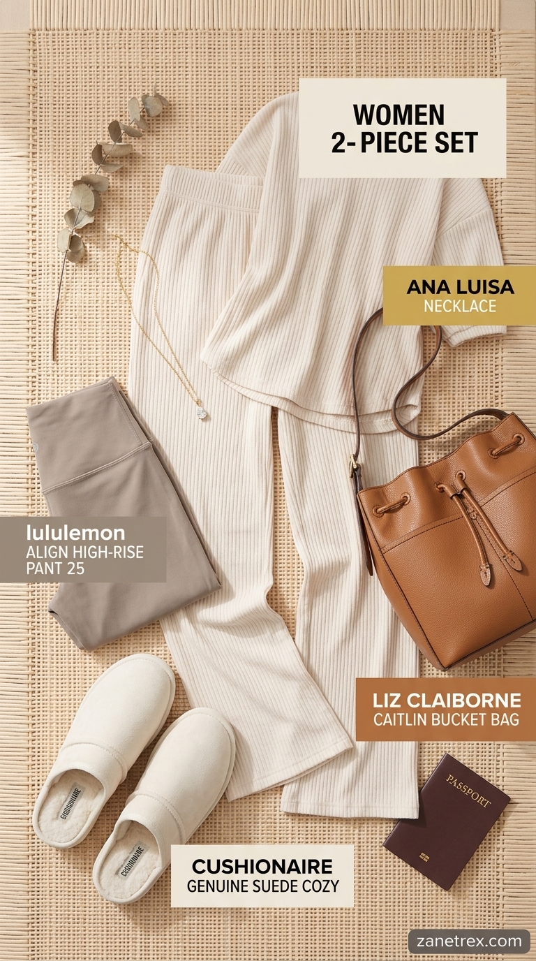 Cozy Lounge Set for Relaxed Weekends 2026 Comfortable light beige knit lounge set with wide-leg pants and cream mules for relaxed weekends and travel.