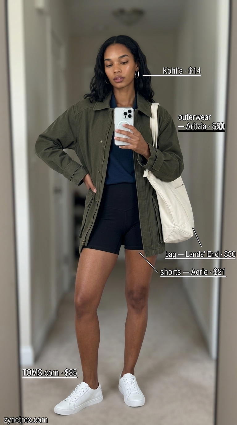 Cute biker shorts outfits for women summer 2026: Black biker shorts with utility jacket and white tank.