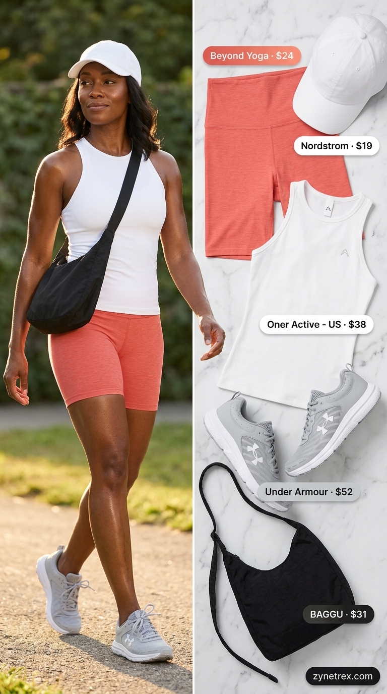 Cute biker shorts outfits for women summer 2026: Active summer day with bright coral biker shorts, white tank, and athletic sneakers.