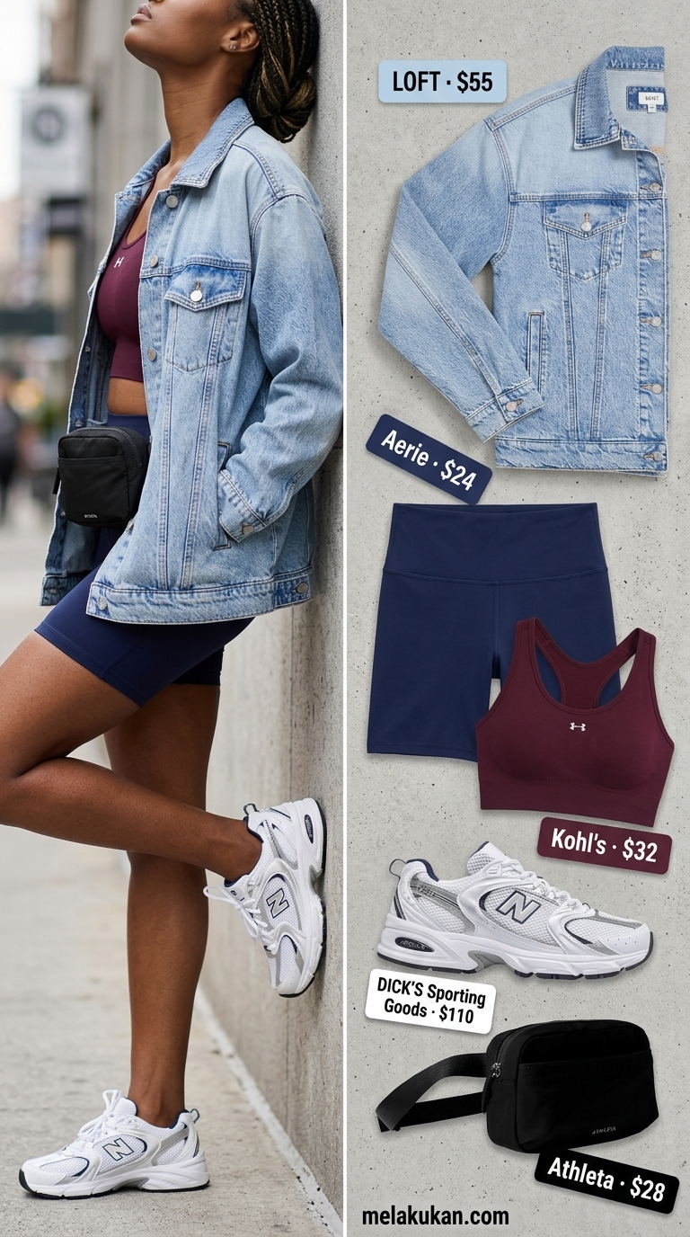 Cute biker shorts outfit for women summer 2026: Navy biker shorts, denim jacket, dad sneakers for athleisure chic.
