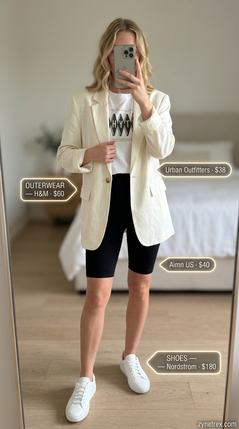 Cute biker shorts outfit for women summer 2026: Black biker shorts, graphic tee, oversized blazer for athleisure.
