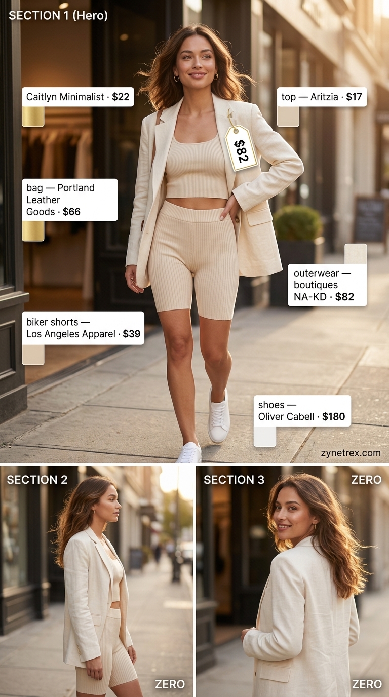Cute biker shorts outfits for women summer 2026: Cream biker shorts with matching crop top and blazer.