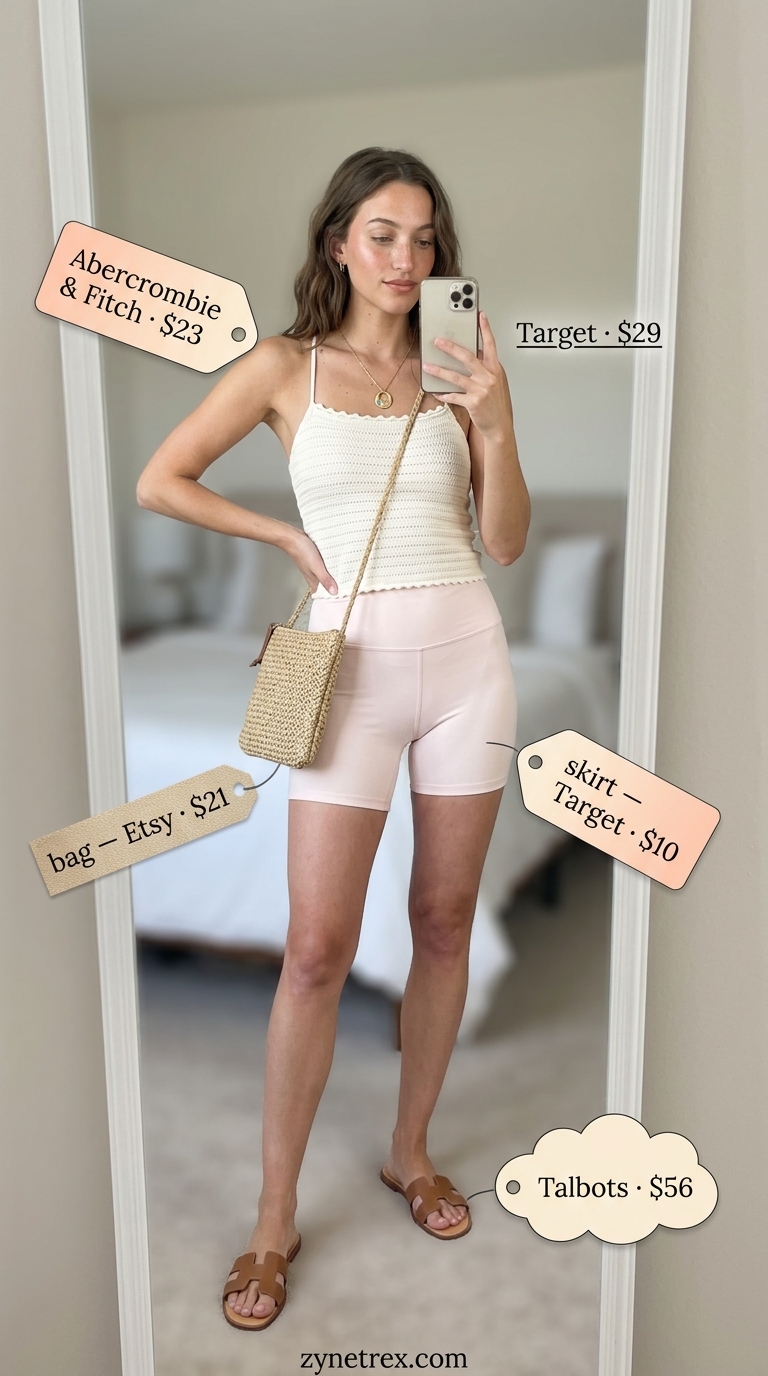 Cute biker shorts outfits for women summer 2026: Blush pink biker shorts with crochet top and linen shirt.