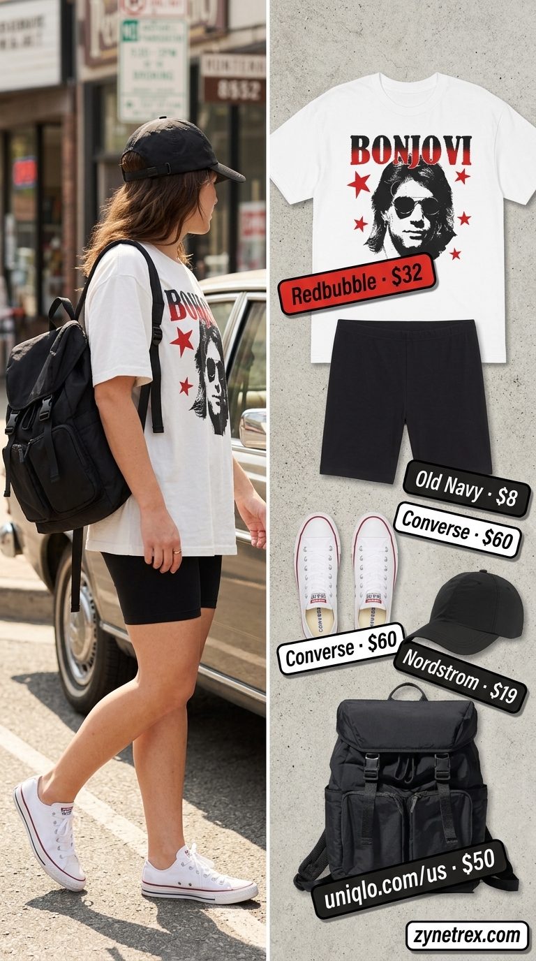 Cute biker shorts outfit for women summer 2026: Black biker shorts, graphic tee, canvas sneakers for casual cool.