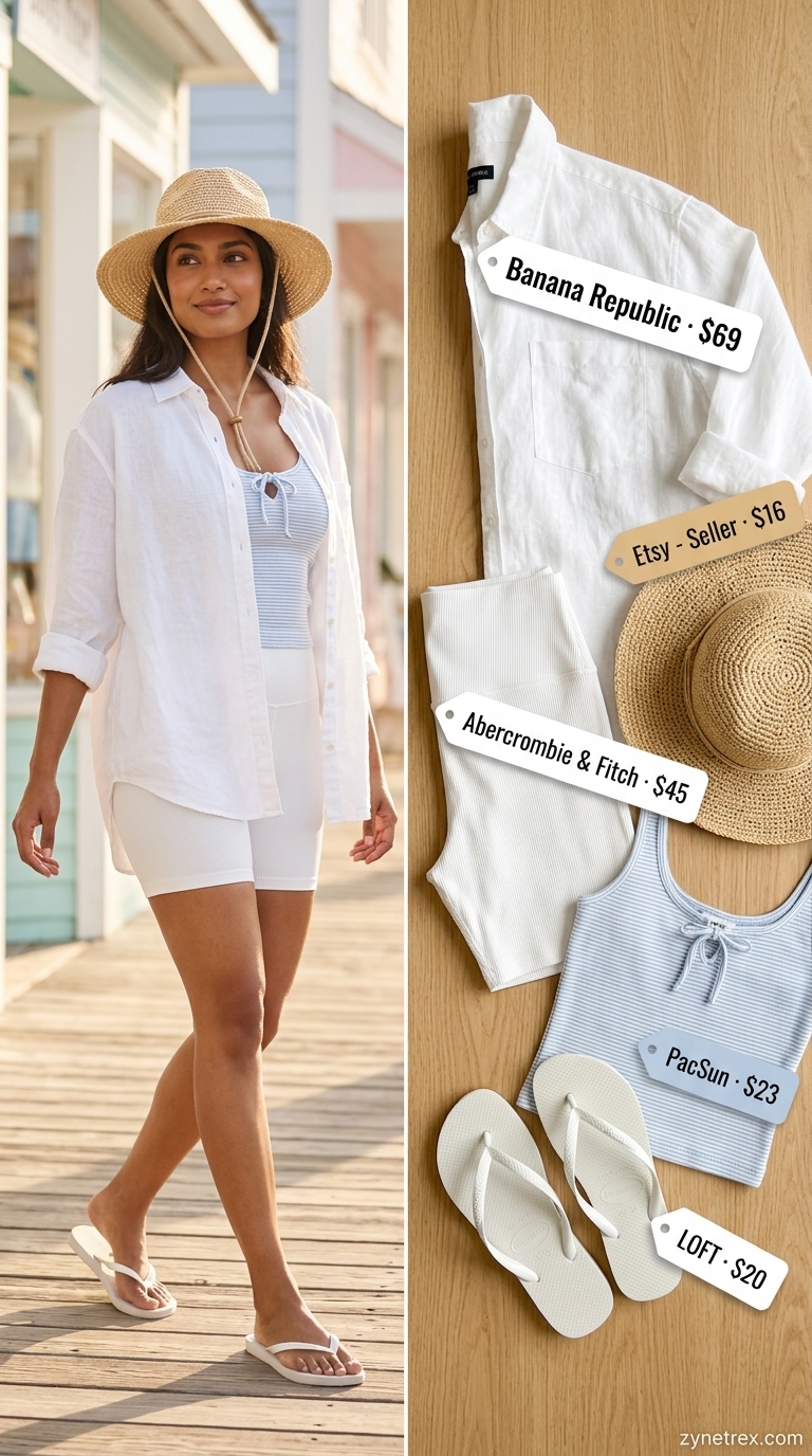 Cute biker shorts outfit for women summer 2026: White biker shorts, linen shirt, straw hat for coastal walk.